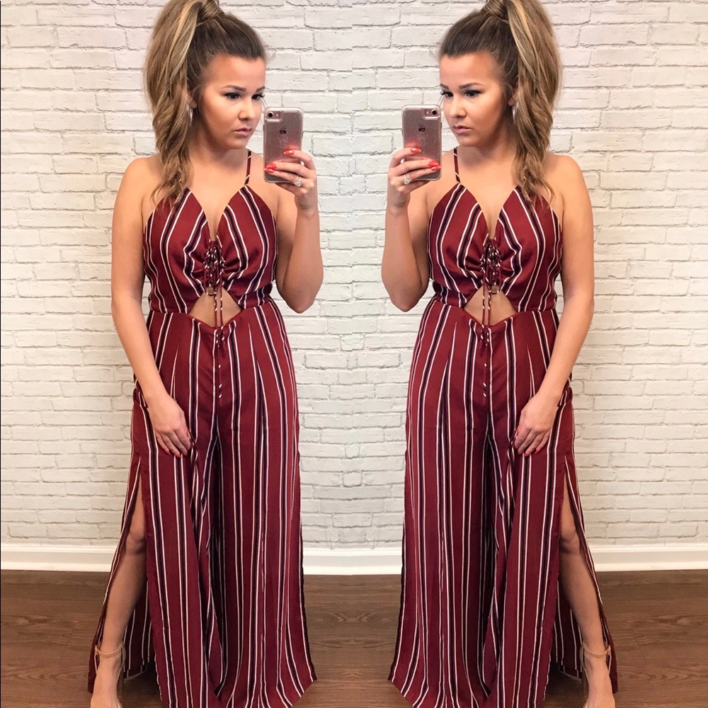 Burgundy and black stripe backless jumpsuit